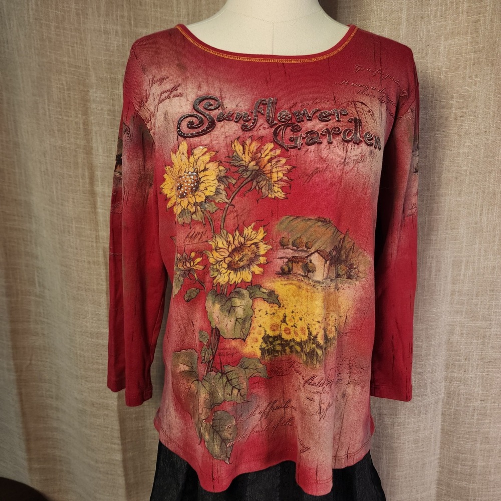 Cactus Sunflower Rhinestone Graphic Top L Red 3/4 Sleeve Ribbed